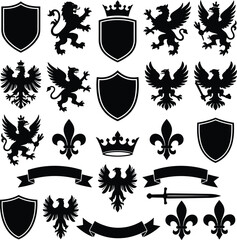 Medieval heraldry silhouettes vector set, coat of arms shields, rampant lion, winged griffin, imperial eagle, royal crown, fleur de lis, banners © Graphiccircle