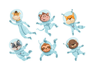 Obraz premium Cartoon vector illustration of a set of cute animals wearing space suits and helmets, floating isolated on white background.