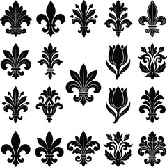 Heraldic fleur de lis vector set, vintage french lily crests, ornamental damask floral motifs, acanthus foliage vignettes, black line art © Graphiccircle