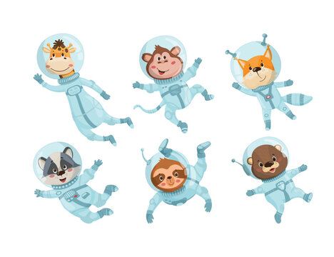 Cartoon vector illustration of a set of cute animals wearing space suits and helmets, floating isolated on white background.