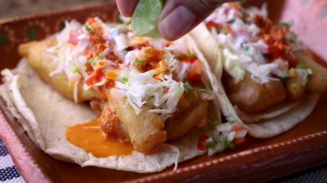 Hand squeezing lime juice over delicious baja style fish tacos with salsa