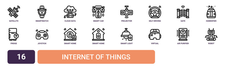 Set of 16 outline web Internet of Things icons such as robot, air purifier, virtual reality, smart light, smart home, smart home, joystick vector icons for report, presentation, diagram, web design, © James