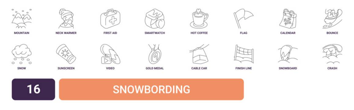 Set of 16 outline web Snowbording icons such as crash, snowboard, finish line, cable car cabin, gold medal, video, sunscreen vector icons for report, presentation, diagram, web design, mobile app