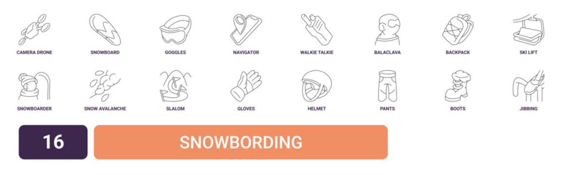 Set of 16 outline web Snowbording icons such as jibbing, boots, pants, helmet, gloves, slalom, snow avalanche vector icons for report, presentation, diagram, web design, mobile app