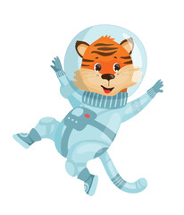 Obraz premium Cartoon vector illustration of a happy little tiger wearing a space suit and helmet, floating isolated on white background.