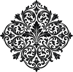 Vintage damask ornament, baroque floral fleur de lis medallion, ornamental acanthus scrollwork flourish, diamond shape vignette, black vector illustration © Graphiccircle