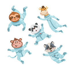 Fototapeta premium Cartoon vector illustration of five cute animals wearing space suits and helmets, floating isolated on white background.