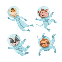 Fototapeta premium Cartoon vector illustration of four cute animals wearing space suits and helmets, floating isolated on white background.