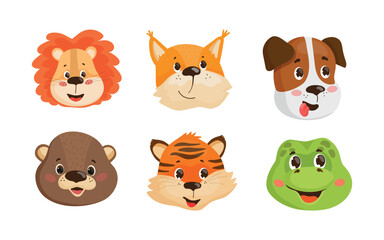 Fototapeta premium Cartoon vector illustration of a collection with six cute animal heads and smiling faces, isolated on white background.