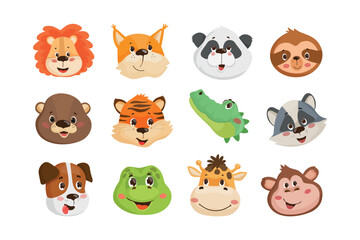Fototapeta premium Cartoon vector illustration of a large collection with twelve cute animal heads and smiling faces, isolated on white background.
