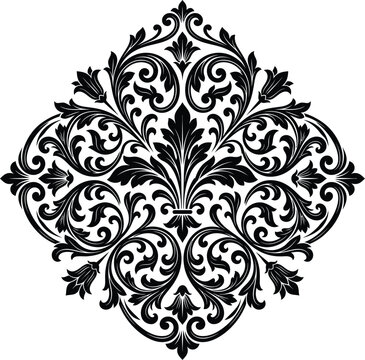 Vintage damask ornament, baroque floral fleur de lis medallion, ornamental acanthus scrollwork flourish, diamond shape vignette, black vector illustration