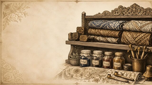 Traditional Batik Making Tools and Dye Jars on Wooden Shelf for Artisan Banner Background Template