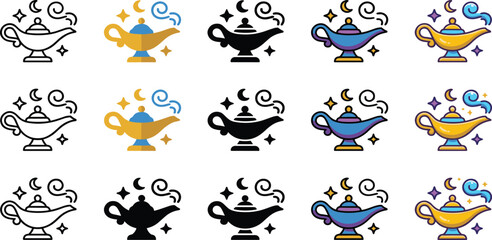 Obraz premium Magic Lamp Icon Collection with Genie Lantern Symbols in Outline, Silhouette, Flat, and Colorful Fantasy Design Styles