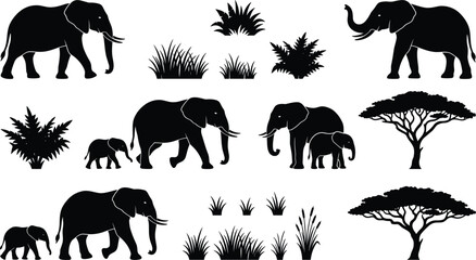 African Elephant Silhouette Collection with Acacia Trees, Safari Grasses, and Baby Calves for Wild Nature Landscapes, Conservation Graphics, and Vinyl Cutting Designs © MST