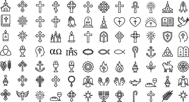 &ldquo;Black and white vector icon collection of Christian religious symbols including crosses, churches, Bible, dove, and prayer