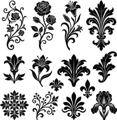 Vintage botanical ornaments vector set, rose flowers with thorny stems, lily, iris, damask acanthus foliage, fleur de lis, black collection © Graphiccircle