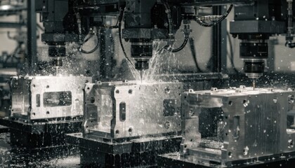 Fototapeta premium Medium shot of CNC machines precision milling aluminum drive enclosures with steady coolant spray ensuring smooth cutting and temperature control during machining operations.