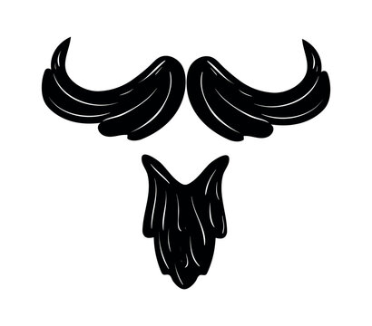 Vector illustration of curly handlebar mens mustache and short sharp goatee beard. Black isolated icon of barbershop grooming element on white background.