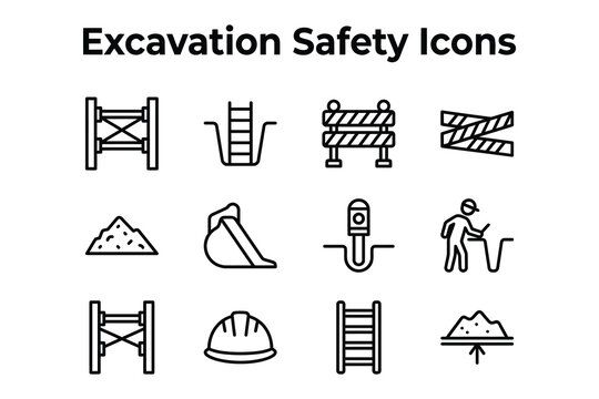 Excavation safety black and white line art icon set construction hazard and equipment symbols