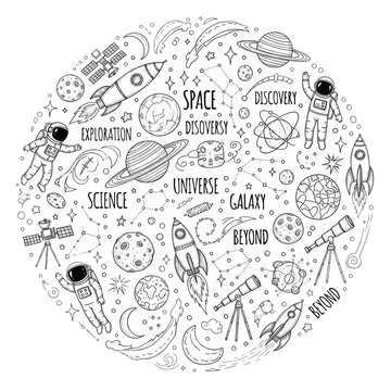 Detailed black ink space doodles featuring waving astronauts, zooming rockets, and orbiting planets on a white paper background. Concept of cosmic exploration