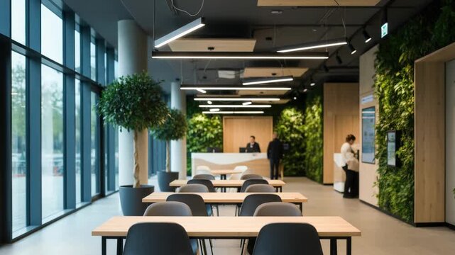 Medium shot of a sustainable bank branch interior highlighting energyefficient LED lighting with sharp focus on light fixtures and a softly blurred background.