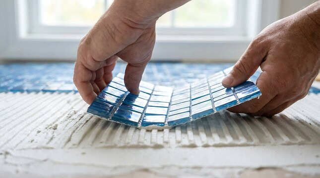 Professional tiler installing blue glass mosaic tiles on a fresh adhesive surface for bathroom renovation