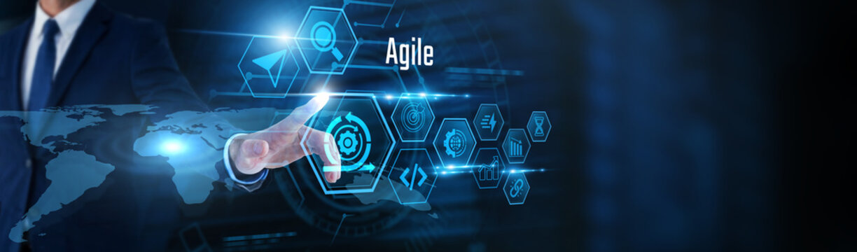 Businessman touch Agile, and project data. Agile project management, scrum methodology, sprint planning, team collaboration strategies, software development workflow, business innovation.