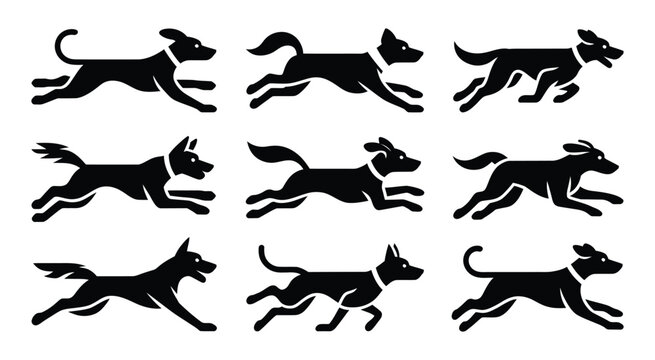 Running dog silhouette vector set icon collection fast pet animal