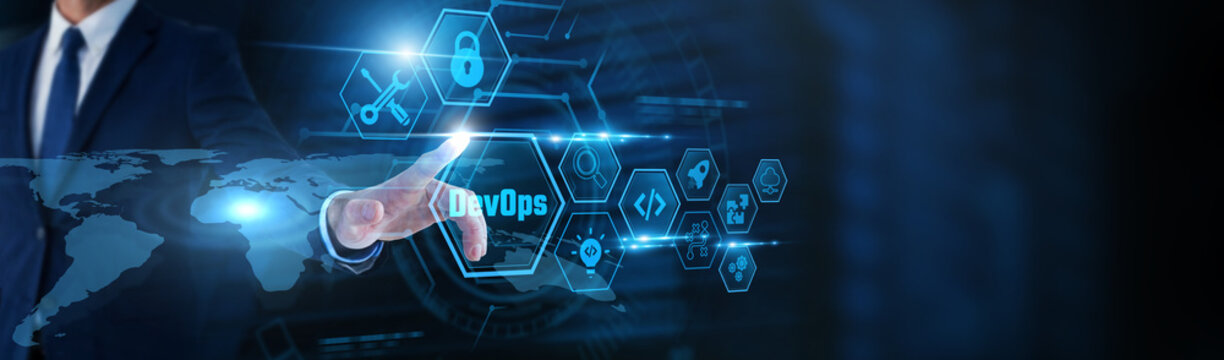 Businessman touch DevOps, and development data. Software development, continuous integration, continuous deployment, cloud infrastructure, automation, agile workflow, IT operations.