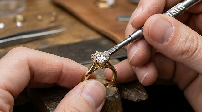 Jeweler setting a diamond engagement ring with precision tools in workshop