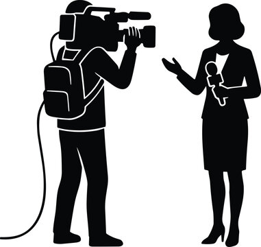 &ldquo;Silhouette vector illustration of journalist with microphone and cameraman filming interview, symbolizing professional news reporting and broadcasting&rdquo;