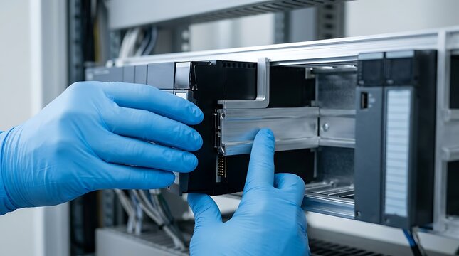 Technician installing industrial plc controller module in server rack cabinet