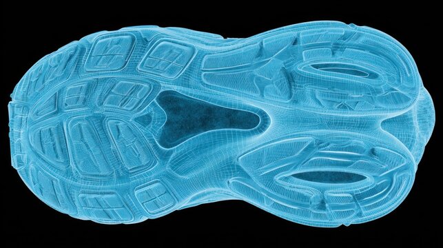 Transparent blue x-ray view of athletic shoe sole with detailed tread patterns and contours