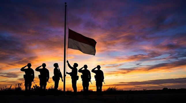 Dramatic sunset silhouette of indonesian military personnel reverently saluting their national flag at half-mast, a powerful visual for commemorating independence.