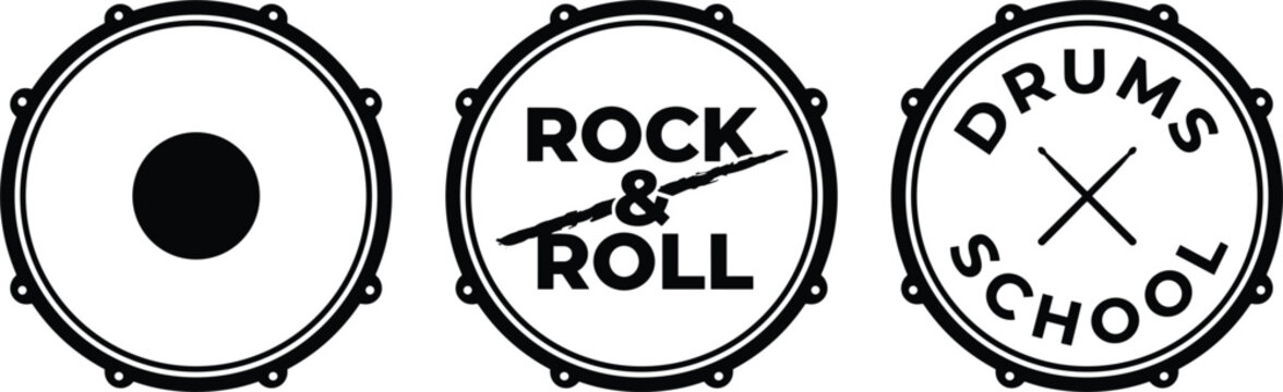 Snare drum top view vector icon set featuring rock and roll logo and drums school emblem designs