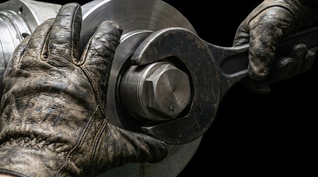 Industrial mechanic hands using a large wrench to tighten a heavy metal bolt on machinery equipment