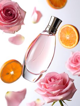 Elegant perfume bottle surrounded by roses and orange slices