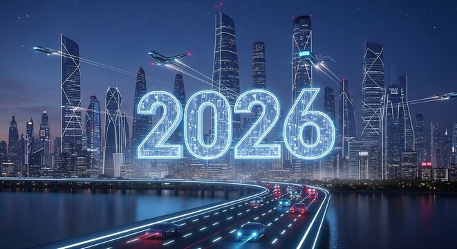 Futuristic night cityscape with glowing year 2026 text and flying vehicles.