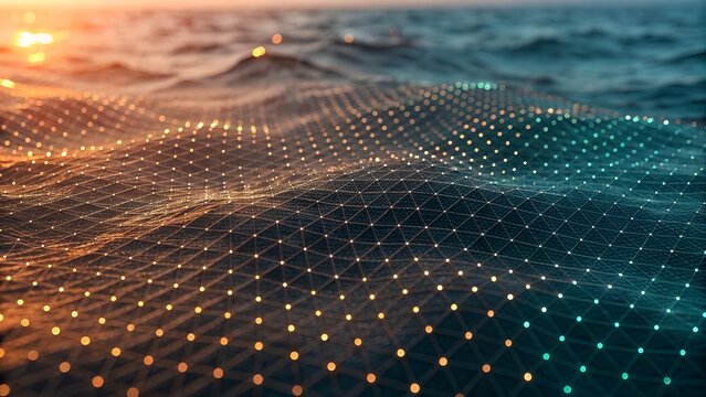 Glowing digital mesh network over dark ocean waves during a warm golden hour sunset