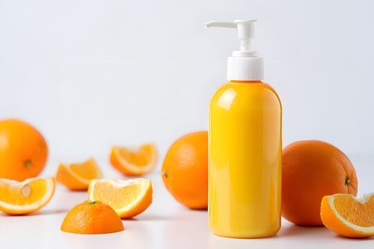 Bright orange hand soap bottle surrounded by fresh oranges on a white surface