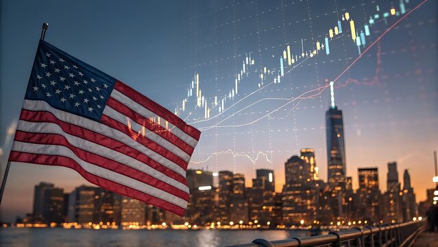American flag waving in front of a city skyline at sunset with a digital stock market chart overlay