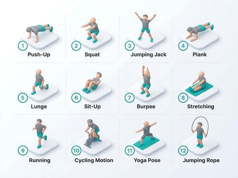 Isometric fitness icons set showing various workout exercises for a healthy lifestyle routine
