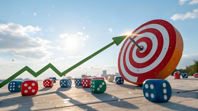 A red and white target with a green growth arrow and colorful dice on a wooden table