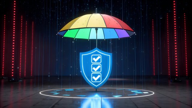 A colorful umbrella protecting a blue shield with checkmarks on a dark digital floor