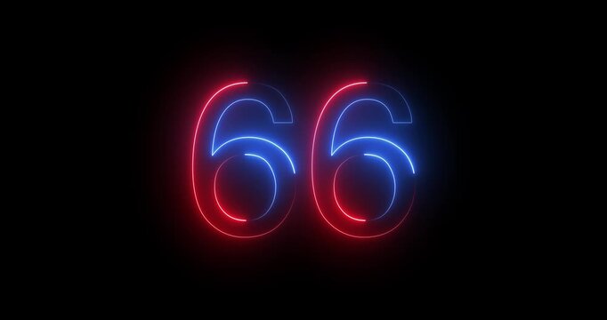 Glowing neon 66 text number animation on black background. Bright neon 66 number symbol. glowing neon number animation concept