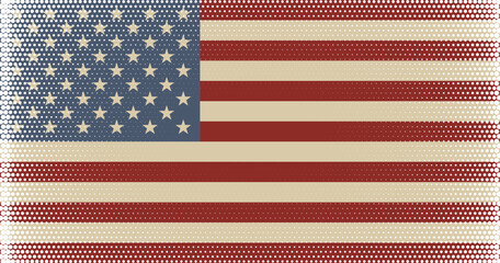 Fototapeta premium Flat vector American flag in muted vintage colors made of halftone dots, retro faded USA background for patriotic and rustic designs.