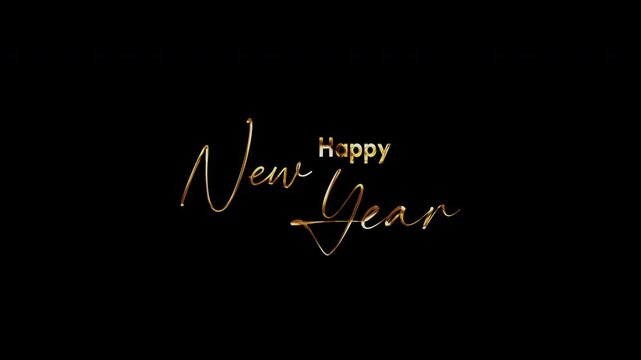 Happy New Year golden text shine flickering light effect animation on black background. Happy New Year text flickering gold glowing light texture.  .Isolated alpha channel Apply prores 444
