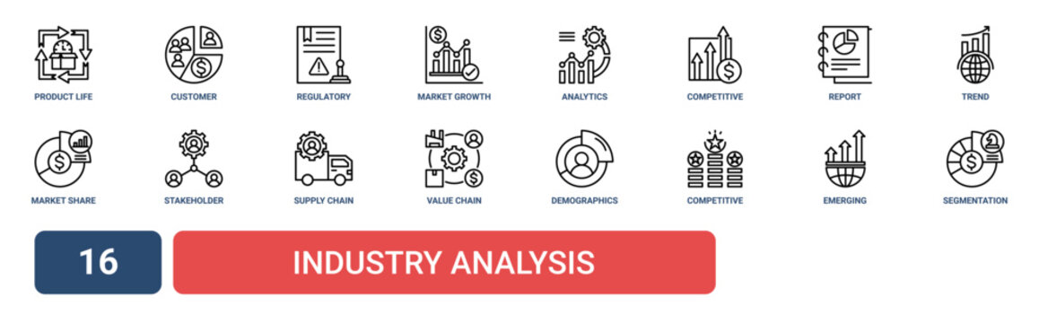 Set of 16 outline web Industry Analysis icons such as segmentation, emerging markets, Competitive, demographics, value chain, supply chain management, stakeholder vector icons for report,