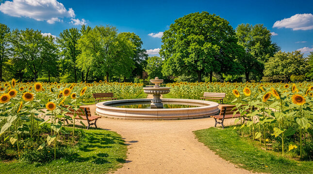 Sunflower Park With Central Fountain And Benches