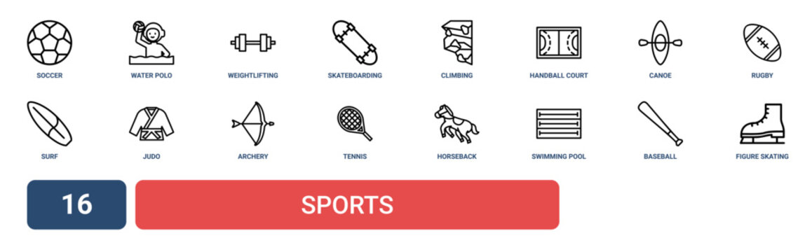 Set of 16 outline web Sports icons such as figure skating, baseball, swimming pool, horseback riding, tennis, archery, judo vector icons for report, presentation, diagram, web design, mobile app